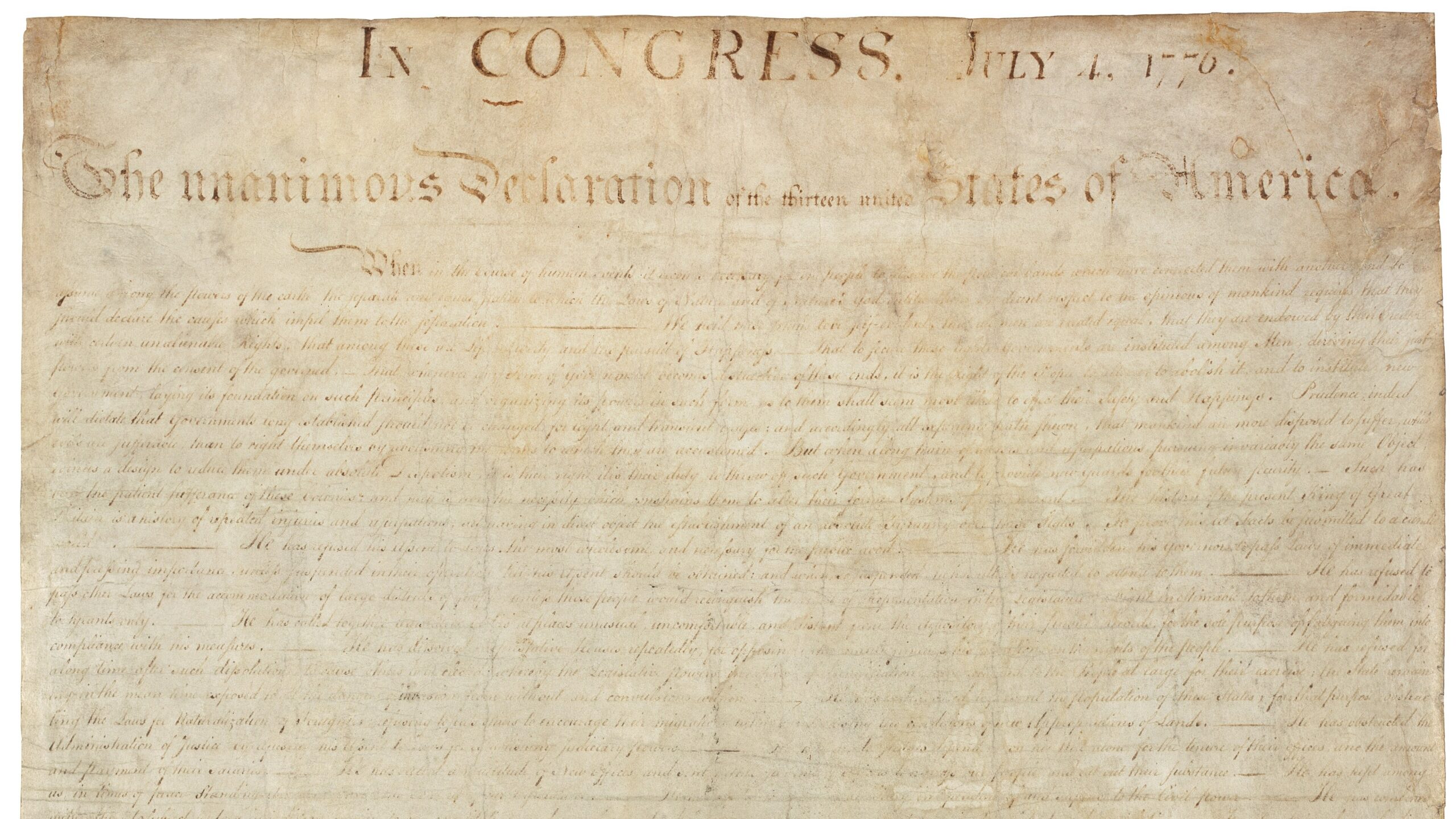 The engrossed Declaration of Independence, dated July 4, 1776, which names life, liberty and the pursuit of happiness as unalienable rights.