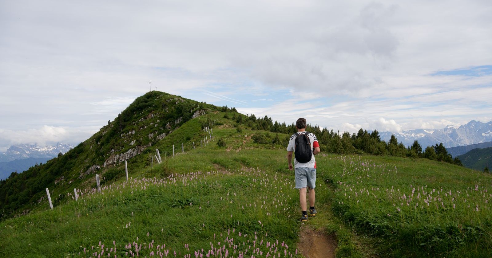 A hiker walking along a grassy mountain path toward a summit